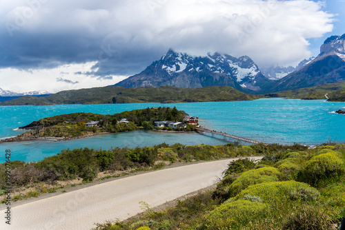 The lake Pehoe View of the mountain landscape in the national park Torres del Paine, Patagonia, Chile, South America
