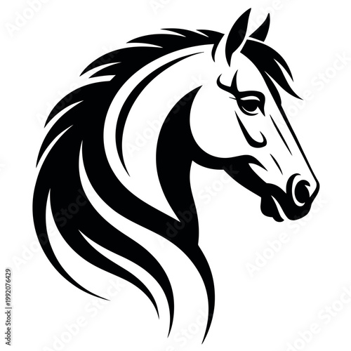A stylized black and white illustration of a horse's head and mane