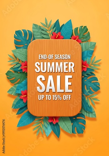 End of season summer sale advertisement with tropical leaves and flowers on orange background