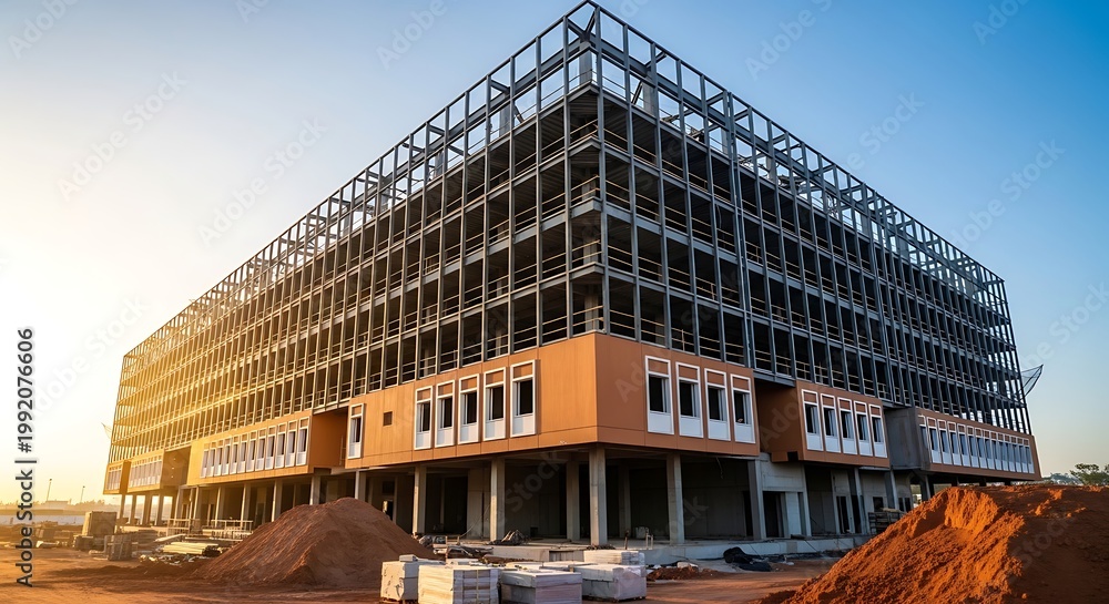 Fototapeta premium Large multistory building under construction with steel frame and piles of dirt