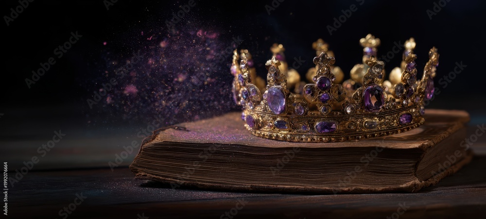 Obraz premium The Crown Resting on an Antique Book with Sparkling Gems and Magical Dust