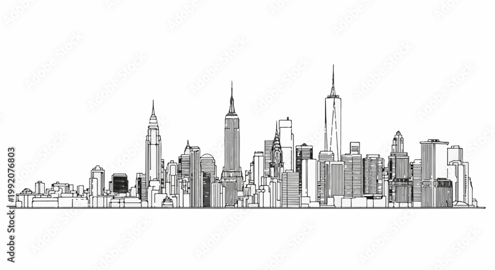 Fototapeta premium Stylized black and white sketch of a city skyline with various buildings