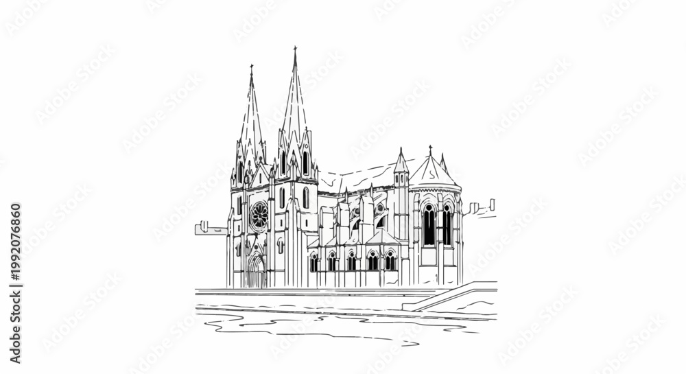 Fototapeta premium Stylized black and white sketch of a grand Gothic cathedral with spires