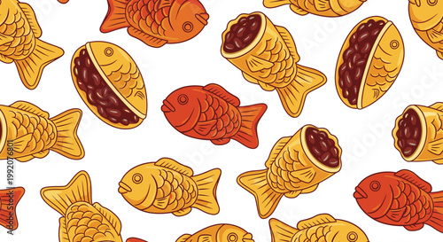 Taiyaki Fish Shaped Pastry Seamless Pattern Vector Illustration, Japanese Street Food Snack Design with Red Bean Filling for Culinary Backgrounds and Menu Graphics
