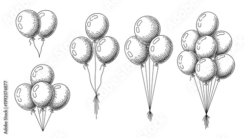Collection of hand drawn balloon bunches with strings for festive birthday parties and celebration decorations.