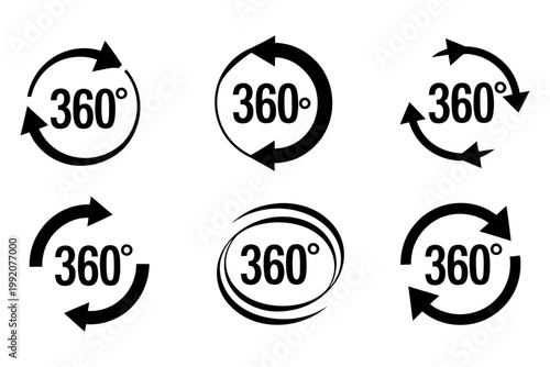 A set of six black 360 degree rotation icons on a white background