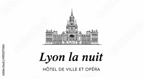 Stylized illustration of a grand building, representing a city hall and opera house at night