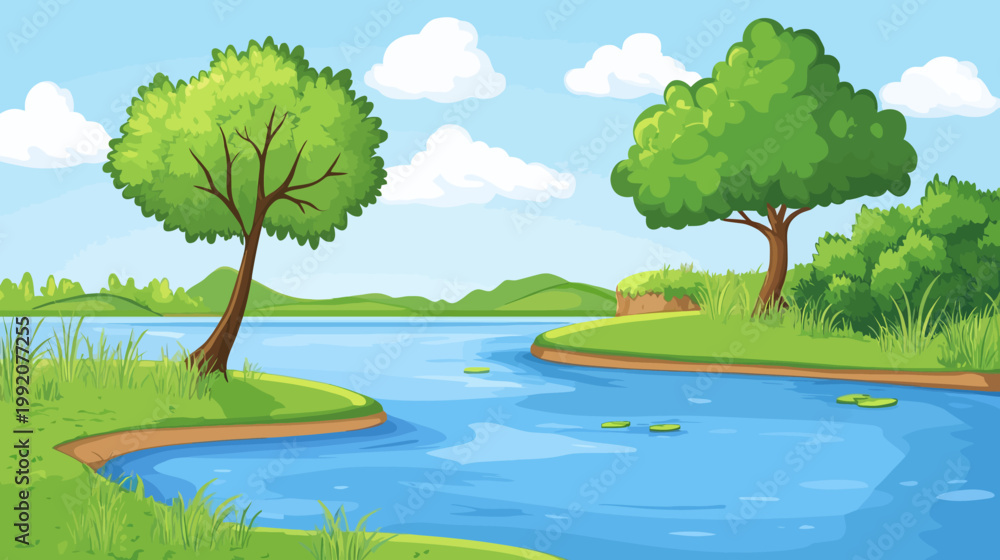 Obraz premium Animated landscape depicts a serene lake, grassy banks, verdant trees, hills, and cloudy sky