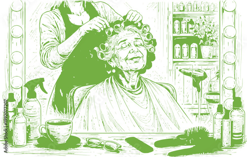 Happy Grandma Getting Hair Rollers at Salon