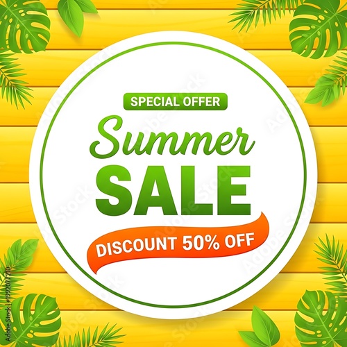 Vibrant summer sale advertisement with green leaves on yellow background