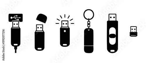 USB Flash Drive Icons Set, Black Silhouette Vector Symbols for Data Storage and File Transfer, Various Memory Stick Types and Designs for Computing Technology Interface and Digital Information Backup