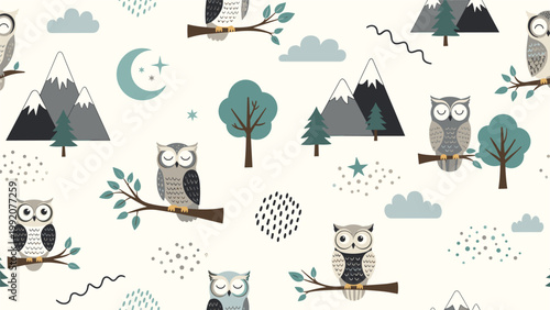 Cute seamless pattern featuring owls on branches, mountains, trees, and a crescent moon for a nocturnal theme.