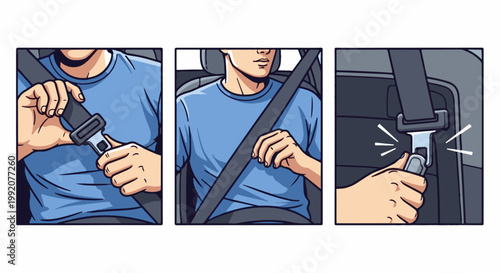 A person demonstrates how to fasten a seatbelt in a vehicle through three sequential panels