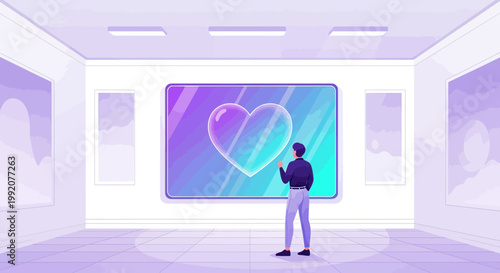Man Interacting with Digital Heart Art in Modern Gallery