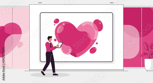 Man Interacting with Digital Heart Display, Modern Abstract Art Gallery