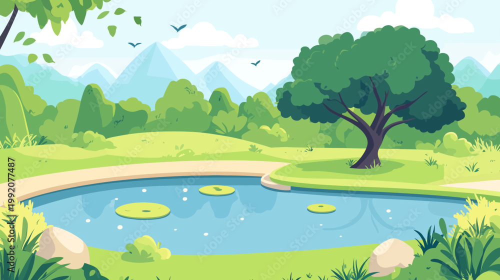 Obraz premium A peaceful illustration of a park with a pond, trees, mountains, and flying birds