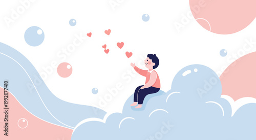 Child Blowing Hearts into Sky on Cloud, Love, Dreams, Imagination, Abstract Background