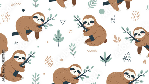 Adorable seamless pattern with sloths hanging on branches surrounded by leaves and colorful geometric shapes.