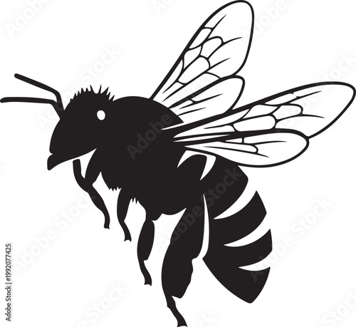 Flying bee silhouette black on transparent background, insect symbol for nature and hard work.