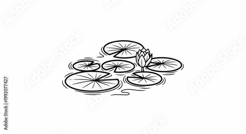 Stylized black outline drawing of water lilies with a single unopened bud afloat on rippling water