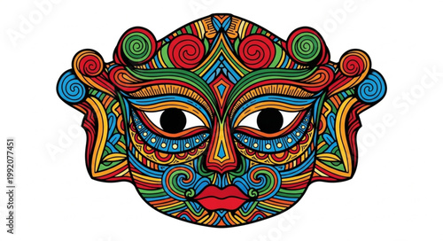 Ornate colorful tribal mask with intricate patterns and bold colors.