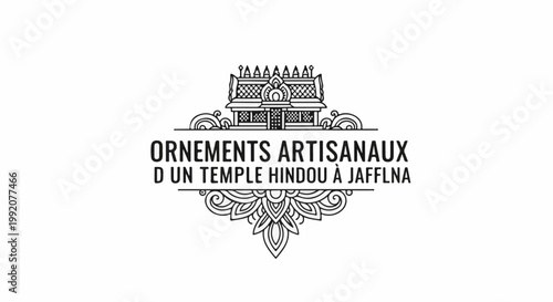 Stylized illustration of a temple, adorned with ornamental text in French