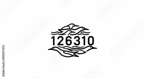 Stylized black outline logo of birds swimming on waves with numbers