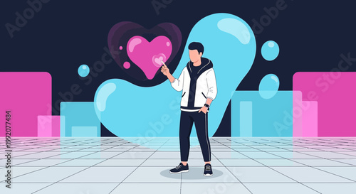 Man Interacting with Digital Heart Interface, Futuristic Love Concept