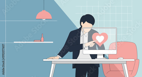 Man Interacting with Digital Heart on Computer Screen in Modern Office