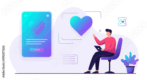 Man Interacting with Digital Heart Interface, User Experience Design, Love App Concept