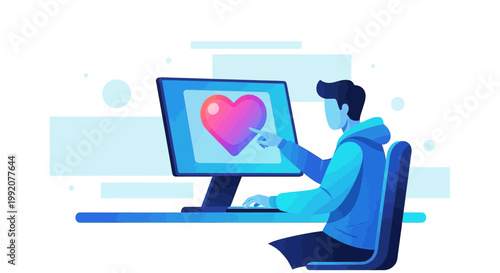 Man Interacting with Digital Heart on Computer Screen, Online Love and Connection Concept