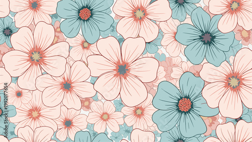 Beautiful and dense floral pattern with soft pink and blue flowers creating a romantic and feminine design look.