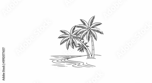 Stylized illustration of a tropical beach scene with palm trees and calm water