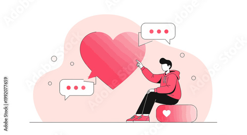 Man Interacting with Digital Heart, Social Media Love and Communication Concept