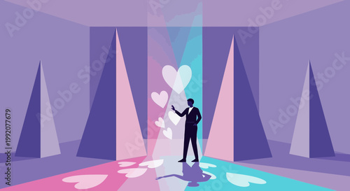 Man Interacting with Digital Hearts in Futuristic Geometric Room