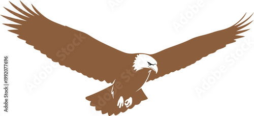 Majestic eagle silhouette soaring with wide wings spread in clear flight over abstract background.