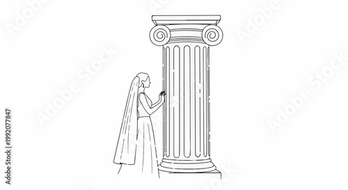 Stylized illustration of a woman in a long dress touching a fluted column