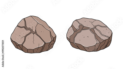 Detailed illustration of two large cracked rocks or boulders with visible fissures and texture on a white field.