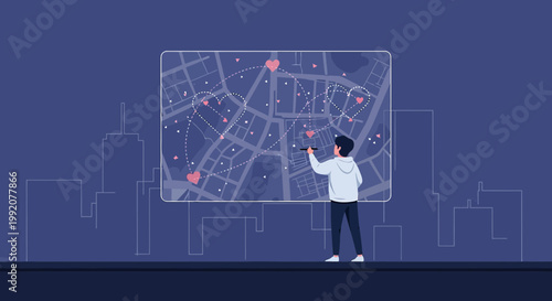Man Interacting with Digital Map of City with Heart Locations, Futuristic Technology Concept