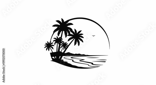 Stylized black silhouette of a tropical beach scene within a circular frame