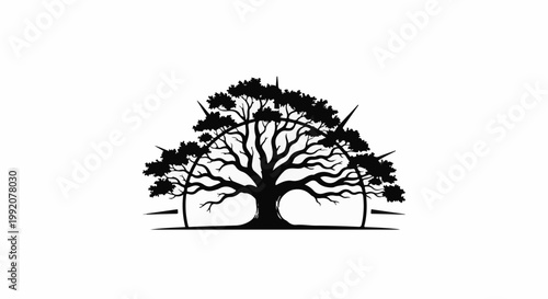 Stylized black tree silhouette with branches forming an arch on white