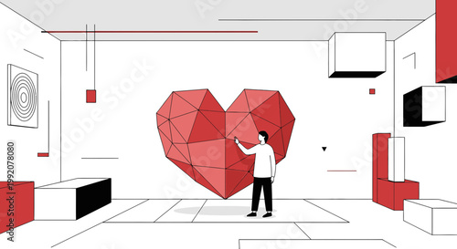 Man Interacting with Giant 3D Red Heart in Minimalist White Room