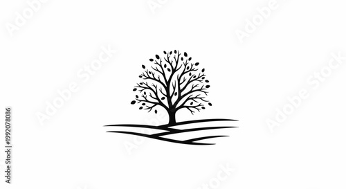 Stylized black tree with abundant leaves on a white background