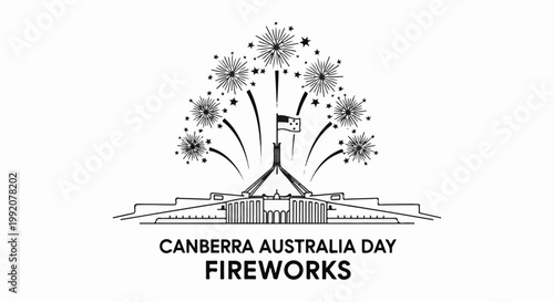 Stylized building with fireworks and flag for a national celebration