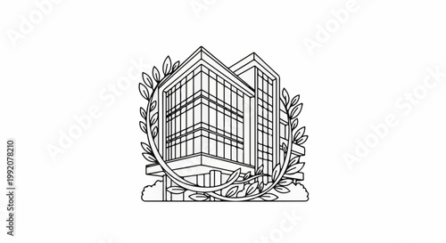 Stylized building with glass facade framed by laurels