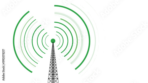 Communication tower icon with green radio wave signals on a clean white background for telecommunication and network signal.
