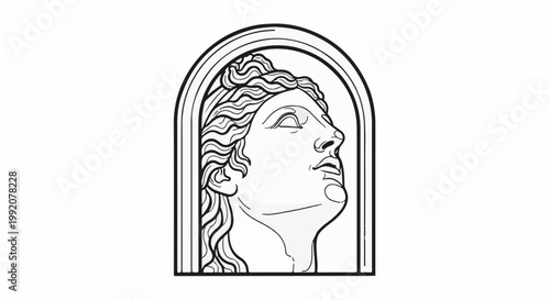 Stylized bust of a classical figure in an arched frame