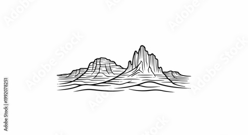Stylized illustration of imposing, layered rock formations under a clear sky