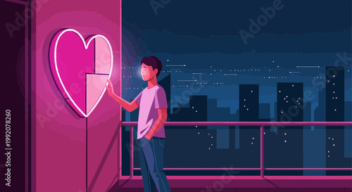 Man Interacting with Glowing Heart Interface on City Balcony at Night