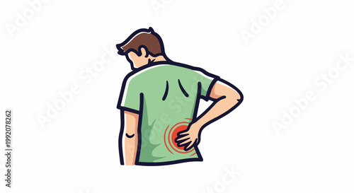A person experiences back pain, indicated by a red circular graphic on their lower back